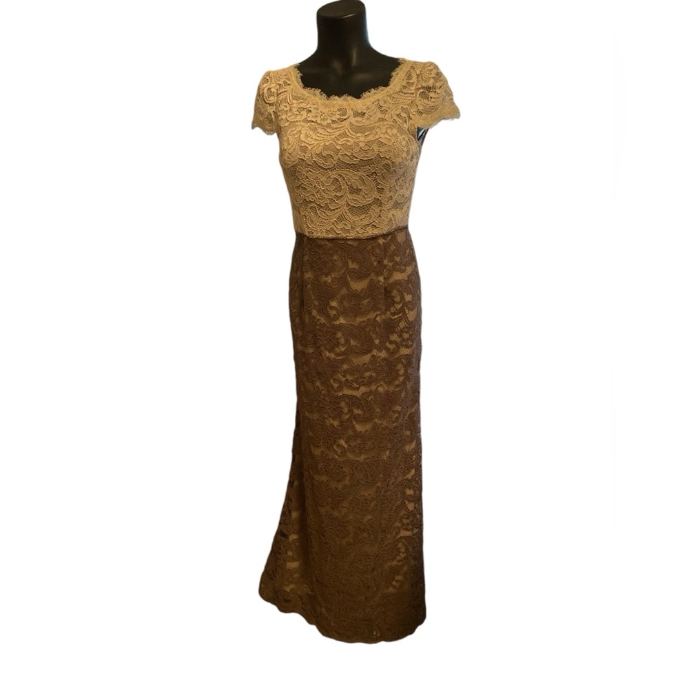 Authentic ADRIANNA PAPELL Dress Ivory Mocha Colorblock Lace Cap Sleeve Maxi Gown
